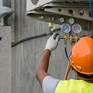 Technician is checking outdoor air conditioner unit.