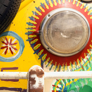 Front of a hippies Volkswagen painted van.
