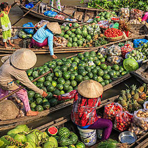 Vietnamese women selling and buying fruits on floating market, Mekong River Delta, Vietnam